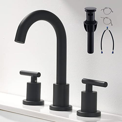 Two Handle Widespread Bathroom Sink Faucet - 3 Hole Vanity Faucet with Pop-Up Drain & cUPC Faucet Supply Lines, 8 Inch Black Bathroom Sink Faucet - color: Black