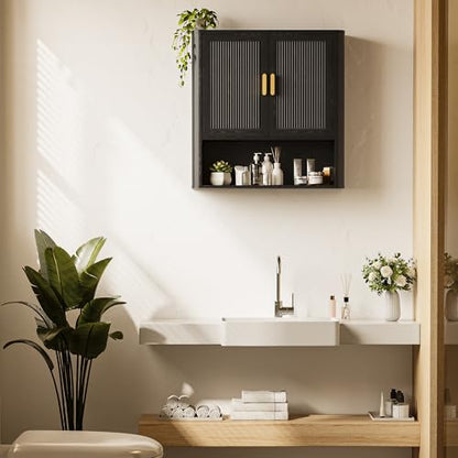 Bathroom Wall Cabinet, Wall-Mounted Medicine Cabinet with Adjustable Wood Shelf & Doors, Floating Bathroom Cabinet Over Toilet for Laundry Room & Kitchen & Living Room (Black) - color: Black