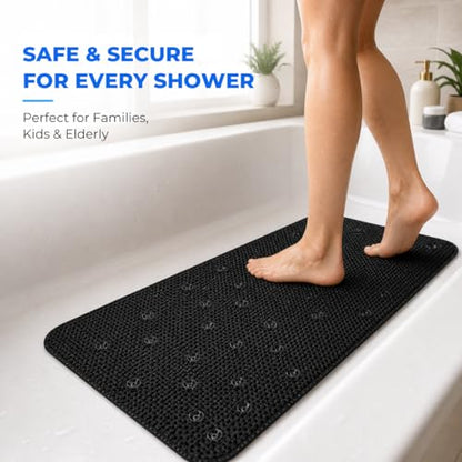Bath Bliss Cushioned Foam Bath Mat Non Slip Bathtub Mat with 58 Suction Cups Black Color 17x36 | Machine Washable | Quick Drain Safety - color: Black