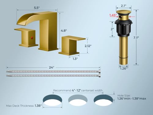 QFN Waterfall Bathroom Faucet 3 Hole 8" Widespread Brushed Gold 2 Handle | Bathroom Sink Faucet Lead-Free with Pop-up Drain and Supply Lines, Fits 4-12 Inch 3 Hole Install, for Vanity Laundry Restroom - color: Brushed Gold, style: Waterfall