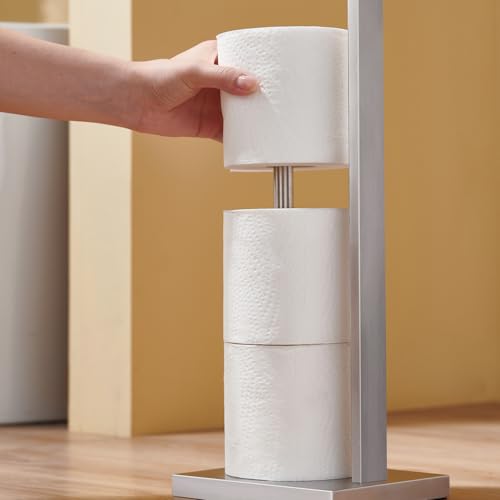 Freestanding Toilet Paper Holder for Bathroom – Brushed Stainless Steel Square Tissue Dispenser with Storage Tray & Roll Organizer - color: Brushed