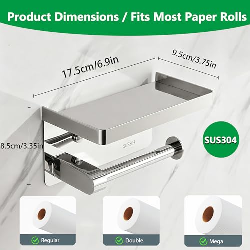 304 Stainless Steel Brushed Nickel Toilet Paper Holders with Shelf,Wall Mount Dual Installation,Self Adhesive Peel and Stick No Drill/Screw In Tissue Roll Holder,Silver Metal TP Holder for Bathroom RV