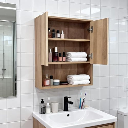 Fluted Bathroom Wall Cabinet Over the Toilet Storage,Wall Mounted Cabinet with Adjustable Shelf,Floating Cabinet Organizer Hanging Cabinet,Kitchen and Laundry Room Cabinets (Oak, 1 PC) - color: Oak