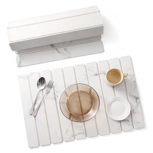 Large Stone Dish Drying Mat for Kitchen Counter, 24"×16" Quick Dry Collapsible Diatomaceous Earth Mat – Super Absorbent Foldable Drying Pad for Dishes (Marble White, 23.2" x 15.4") - color: Marble White