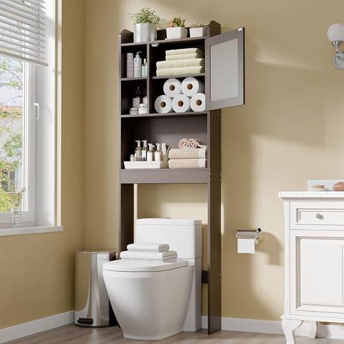 SUPER DEAL Over The Toilet Bathroom Storage Cabinet Freestanding Wooden Bathroom Organizer with Adjustable Shelves and Glass Door, Brown - color: Brown