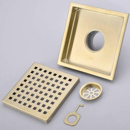 TRUSTMI 6 Inch Square Shower Floor Drain with Removable Grid Grate Cover, SUS 304 Stainless Steel,Brushed Gold - size: Grid Cover