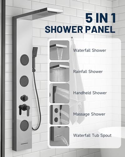 5 In 1 Shower Panel Brushed Nickel Shower Tower System | with Rainfall Waterfall Shower Head 3 Body Jets Handheld Shower Head and Tub Spout Modern Massage by Homevacious - color: Brushed Nickel