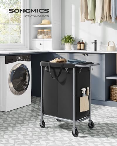SONGMICS Laundry Basket with Wheels, 2-Section Rolling Laundry Hamper, 37 Gallons (140 L), Removable Liner, Steel Frame with Handle, 27.2 x 15.4 x 31.9 Inches, Ink Black URLS004B01 - color: Ink Black, size: 140 L (2-Section)