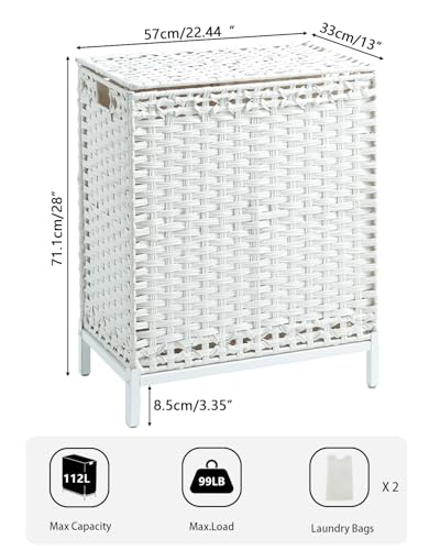 SETVSON Laundry Hamper with Lid, 112 L Handwoven Rattan, Cloud White | 2-Section Large Basket, 2 Removable Liner Bags, 3.34-In Heightened Metal Feet, 6 Mesh Laundry Bags, Side Handles - color: Cloud White, size: 112 L - 29.6 gal