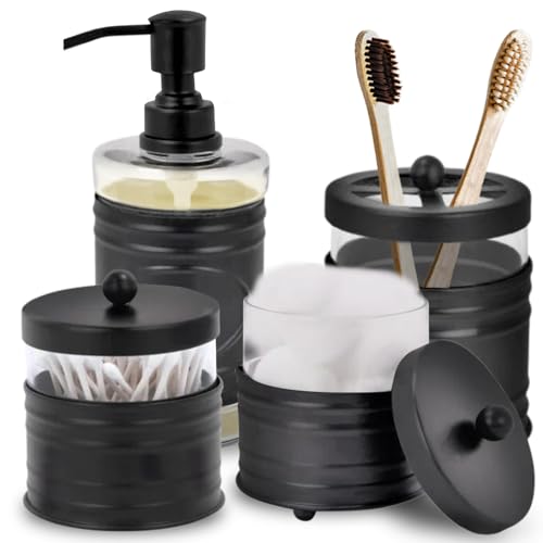 Autumn Alley Farmhouse Matte Black Bathroom Accessories Set (4 PCS) - Lotion Soap Dispenser, Black Toothbrush Holder Set, 2 Glass Apothecary Jars (Qtip Holder) - Rustic Bathroom Accessories Set