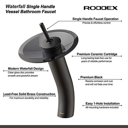Waterfall Bathroom Faucet Glass Single Handle Solid Brass Basin Lavatory Vessel Sink Vanity Faucet, Tall, Black - color: Black