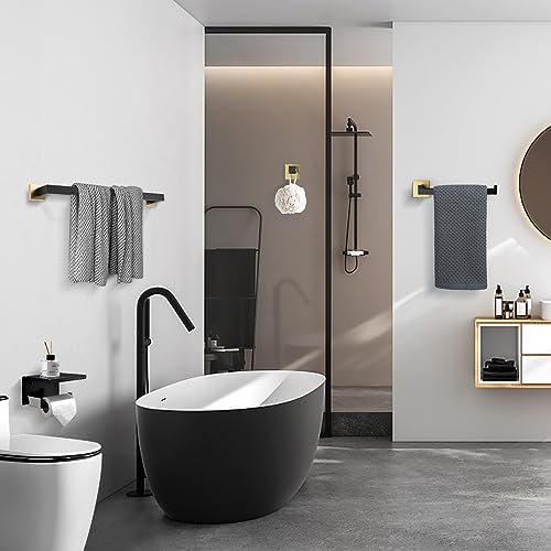 TURS 4-Piece Bathroom Hardware Set Brushed Gold and Black Towel Bar Set Include Towel Bar Hand Towel Holder Toilet Paper Holder with Shelf Robe Hook Stainless Steel Bathroom Accessories Sets - color: Black&gold, size: Set A
