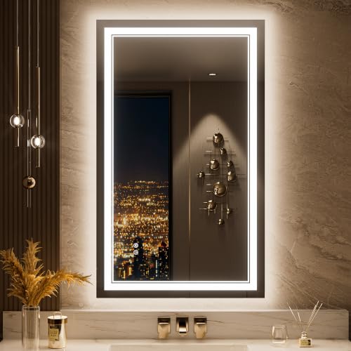 Keonjinn 24" x 40" LED Mirror for Bathroom, HD Tempered Glass, French Cleat | Frontlit & Backlit, 3 Color Dimmable Lights, Defogging, Energy-Saving Power Driver, Frameless, Smart Light Up Bathroom Mirror - size: 40"L x 24"W