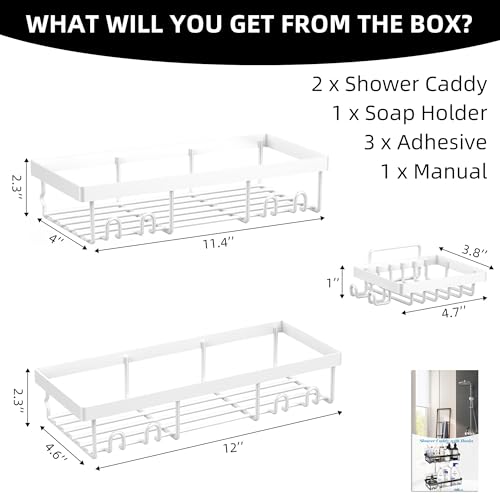 Moforoco 3-Pack Shower Caddy Basket Shelf with Soap Holder, No Drilling Traceless Adhesive Shower Wall Shelves, Rustproof Black Bathroom Shower Storage Organizer - color: White