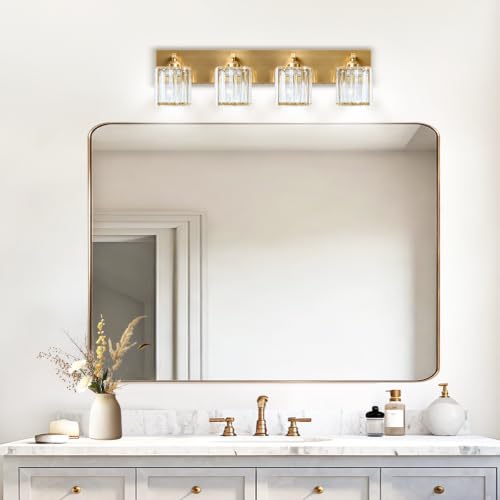 Gold Crystal Bathroom Vanity Light, 4-Light Modern Bathroom Lighting Fixtures Over Mirror,Chrome Wall Sconce Light Fixtures with Square Shade - color: Gold-Square Shade, size: 4-LIGHT