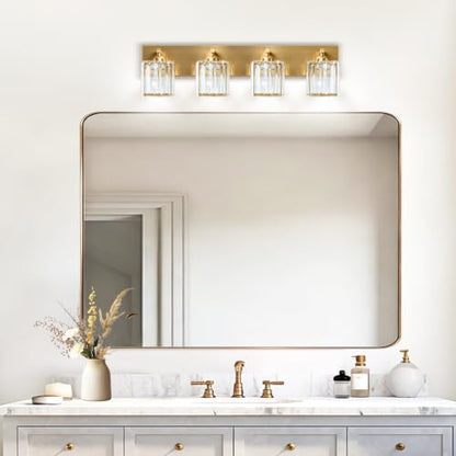 Gold Crystal Bathroom Vanity Light, 4-Light Modern Bathroom Lighting Fixtures Over Mirror,Chrome Wall Sconce Light Fixtures with Square Shade - color: Gold-Square Shade, size: 4-LIGHT