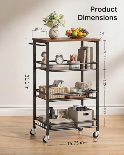 Pipishell Slim Storage Cart with Wheels, 4 Tier Rolling Bathroom Storage Cart with Handle and Wood Top, Metal Slim Kitchen Cart for Laundry Room, Bathroom, Kitchen, Narrow Space, Black & Rustic Brown - size: 10.8 in