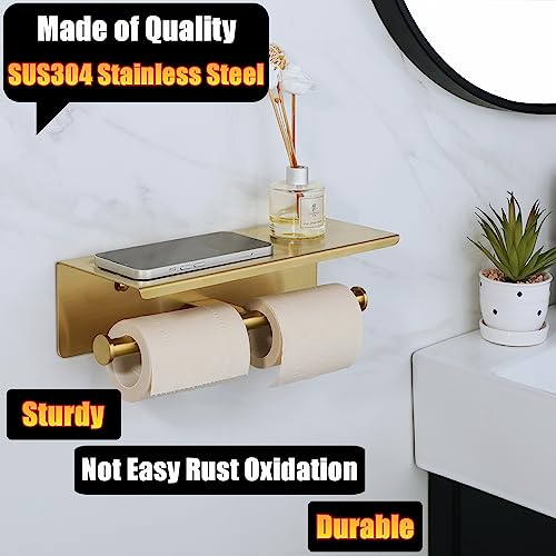 Alise Double Toilet Paper Holder with Shelf,Bathroom Tissue Holder,Gold | SUS304 Stainless Steel Wall Mounted Toilet Paper Roll Holder Storage Dispenser,Self Adhesive or Wall Mount Drilling