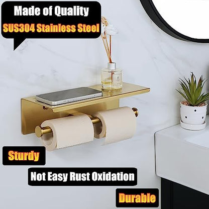 Alise Double Toilet Paper Holder with Shelf,Bathroom Tissue Holder,Gold | SUS304 Stainless Steel Wall Mounted Toilet Paper Roll Holder Storage Dispenser,Self Adhesive or Wall Mount Drilling