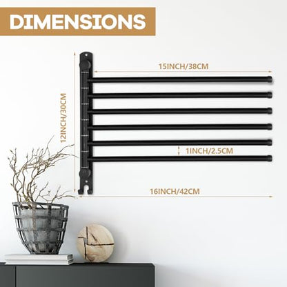 Teenyyou Swivel Towel Rack 16.5 Inches 304 Stainless Steel 6 Arms Bathroom Towel Rack Hanger Space Saving Pool Holder Wall Mounted Swivel Bar with Hook, Matte Black - color: Black, size: 16.5 Inches, style: 6 Arms