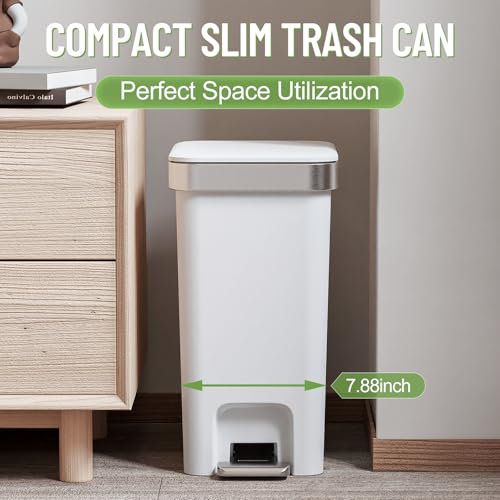 Slim Bathroom Trash Can With Lid, 2.6 Gallon /10 Liter Small Wastebasket, Press Top Bin & Step Metal Pedal Trash Bin, Mini Plastic Garbage Cans for Bedroom, Office, Kitchen, Dorm (grayish-white) - color: Grayish-white-1 Pack