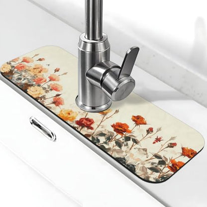Diatomite Faucet Mat for Kitchen Sink & Bathroom Counter, Super Absorbent Water Sink Protectors Prevent Moisture Buildup, Sink Splash Guard 15×5.5 Inch - color: Flower1