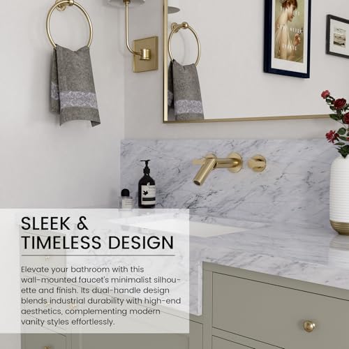 Wall Mount Bathroom Faucet Brushed Gold,Solid Brass Wall Mounted Sink Faucet,Widespread 3 Holes 2 Lever Handles Lavatory Vessel Sink Mixer Tap with Foldable Spout - color: Brushed Gold