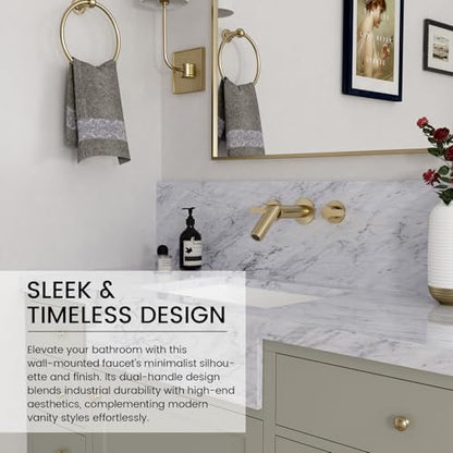 Wall Mount Bathroom Faucet Brushed Gold,Solid Brass Wall Mounted Sink Faucet,Widespread 3 Holes 2 Lever Handles Lavatory Vessel Sink Mixer Tap with Foldable Spout - color: Brushed Gold