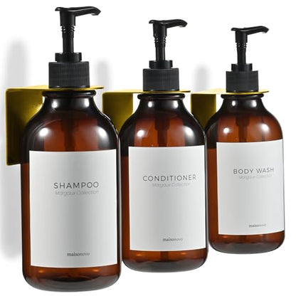 Shampoo and Conditioner Dispenser Wall Mounted Set of 3 Amber Gold - No Drill Shower Soap Dispenser for Bathroom Refillable - Spa Hotel Style Accessories by MaisoNovo - color: Amber Gold Set of 3