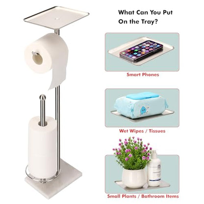 Toilet Paper Holder with Tray at The Top, Sturdy Marble Base No Wobby, Holding Extra 3 Toilet Paper Rolls As Spare Use, Freestanding No Drilling (Brushed Nickel) - color: Brushed Nickel