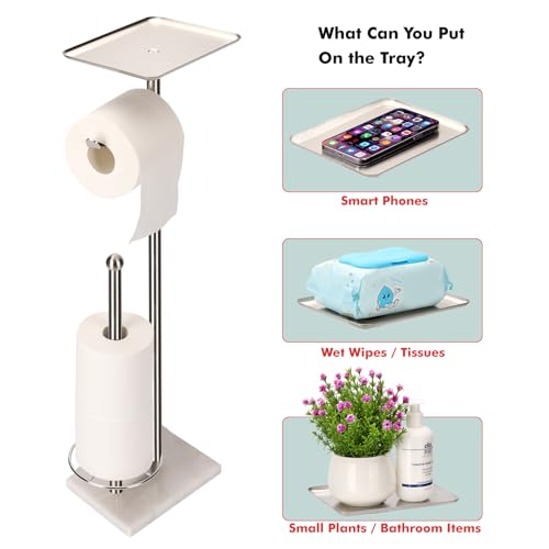 Toilet Paper Holder with Tray at The Top, Sturdy Marble Base No Wobby, Holding Extra 3 Toilet Paper Rolls As Spare Use, Freestanding No Drilling (Brushed Nickel) - color: Brushed Nickel