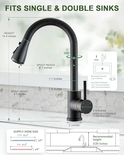 VFAUOSIT Kitchen Faucet with Pull Down Sprayer, Oil Rubbed Bronze | Cold-Start Safety, 3 Spray Modes, 360° Swivel, cUPC/CEC Certified, Fingerprint-Resistant Finish, Premium Ceramic Disc Valve - color: Oil Rubbed Bronze