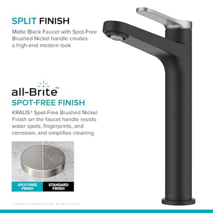 KRAUS Indy Bathroom Faucet for Vessel Sink in Spot-Free Brushed Nickel/Matte Black with Single Handle, Pop Up Drain and Supply Lines, KVF-1410SFBNMB - color: Spot Free Brushed Nickel/Matte Black, style: Vessel