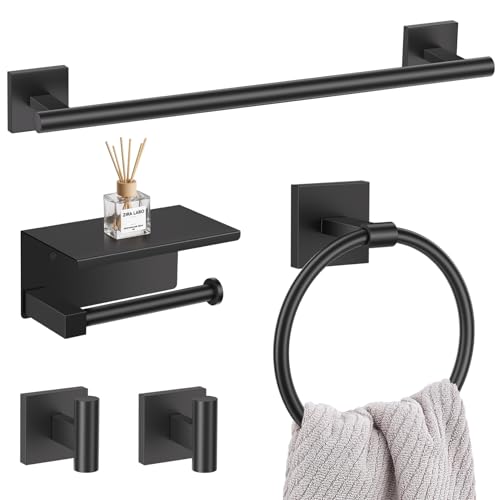 Lairuier Bathroom Hardware Set Matte Black, Towel Holder Set Wall Mounted | Bathroom Accessories Set, SUS304 Stainless Steel 23.6" Towel Bar, Toilet Paper Holder with Shelf, Towel Ring and Towel Hooks - color: Black, size: 5 Pieces - With Shelf