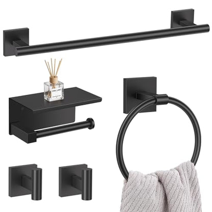 Lairuier Bathroom Hardware Set Matte Black, Towel Holder Set Wall Mounted | Bathroom Accessories Set, SUS304 Stainless Steel 23.6" Towel Bar, Toilet Paper Holder with Shelf, Towel Ring and Towel Hooks - color: Black, size: 5 Pieces - With Shelf