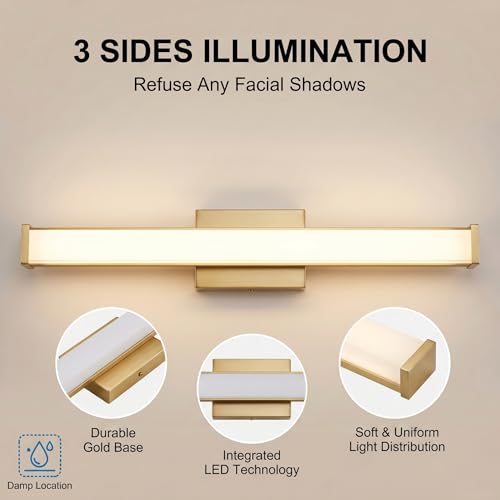 URSOLA 24" Modern LED Bathroom Light Fixtures, Golden 3CCT Dimmable Bathroom Vanity Light Over Mirror, Bathroom Vanity Bath Bar Lights with Double Layer Acrylic Shade - color: Golden, size: 24inch