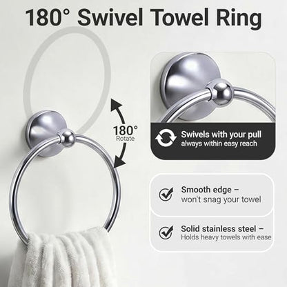 24-Inch Wall Mounted Towel Racks for Bathroom – Space Saver 4-Piece Durable Stainless Steel Bathroom Hardware Set with Towel Bar, Towel Ring, Toilet Paper Holder & Hook, Chrome