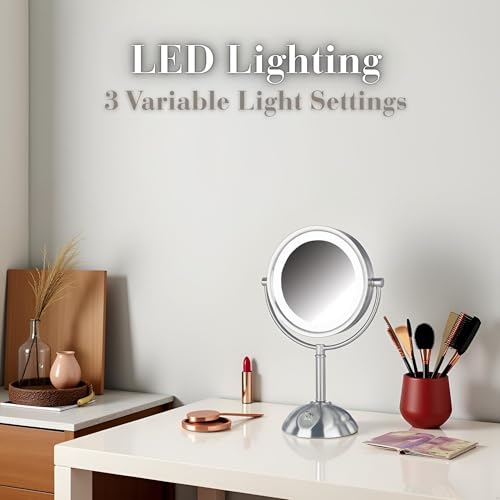 JERDON Lighted Makeup Mirror with 8X Magnification - Nickel - HL8808NL | Two-Sided 1X View, 8.5" Round Frame, 16" Tall, LED Lighting - color: Nickel