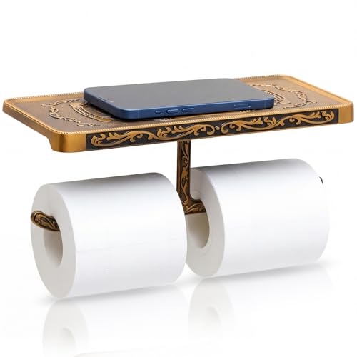 Vintage Double Toilet Paper Holder with Shelf and Hook Wall Mounted Aluminum Antique Decorative Tissue Roll Holder Dispenser for Bathroom (Bronze Finish)