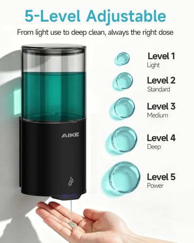 AIKE Automatic Soap Dispenser IPX7 Waterproof 13.5oz Matte Black | No-Drill and Screws for Mounting,Space Saving,Adjustable 5 Levels Precise Dispense for Bathroom,Easy Refill Wide Opening - color: Matte Black Stainless Steel