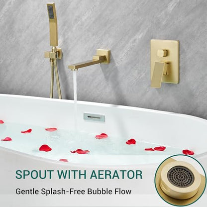 DASAN Swiveling Wall Mount Tub Filler Faucet Set with Hand Held Shower, Brushed Gold Modern Creative Bathtub Faucet Wall Mounted Bath Tub Faucet with High Flow Rough in Valve, SA-TF05WH-BG - color: Brushed Gold