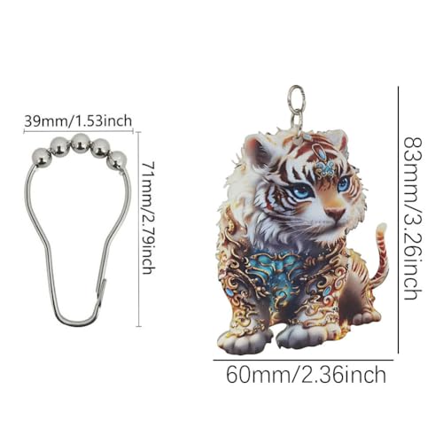 Tiger Shower Curtain Hooks Set of 12, Animal Theme Room Decor | Rustproof Metal Stainless Steel Curtain Rings, Decorative Acrylic Tiger Forest Wildlife Park Theme Bathroom Decor Set
