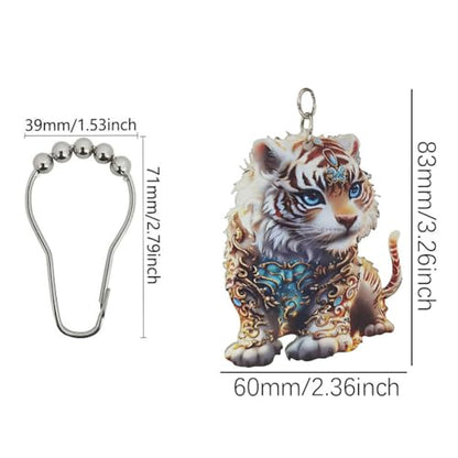 Tiger Shower Curtain Hooks Set of 12, Animal Theme Room Decor | Rustproof Metal Stainless Steel Curtain Rings, Decorative Acrylic Tiger Forest Wildlife Park Theme Bathroom Decor Set