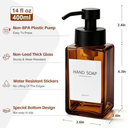 Foaming Hand Soap Dispenser, 12oz/350ml Glass Foaming Soap Dispenser, 2Pcs Foaming Soap Dispenser, Waterproof Labels, for Bathroom & Kitchen, Amber