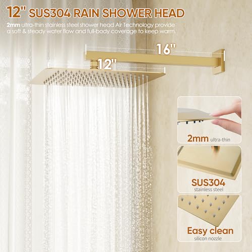 Gold Tub Shower System with 12" Rain Head, Handheld & Valve Kit | All-Metal Tub Shower Faucet Set, Wall Mounted Rain Showerhead, Handheld Spray, Includes Valve and Trim Kit, Brushed Gold - color: Brushed Gold 12