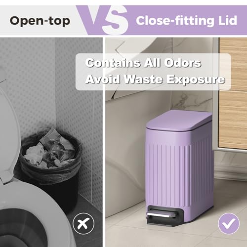 TrashAid 1.6Gal Slim Bathroom Trash Can with Lid Soft Close & Pedal, Purple | Removable Inner Bucket, Stainless Steel Garbage Can, Small Wastebasket for Toilet/Office/Bedroom, Retro Design, Odor Control - color: Purple