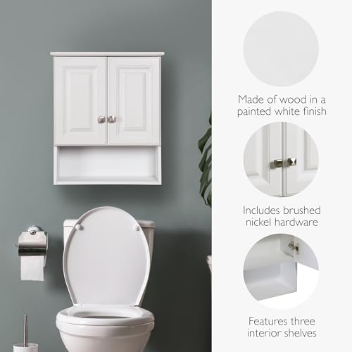 Design House Wyndham Wall Cabinet, 2 Doors, 1 Adjustable Interior Shelf, Bottom Display Shelf, Satin Nickel Hardware, Easy Assembly, Bath Cabinet, White, 8 in L x 22 in W x 26 in H, 597310 | Adjustable Shelves, Adjustable Hinges, Wall Mount, Traditional,