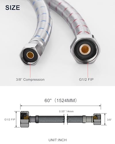 60'' Length Faucet Supply Line, Stainless Steel Braided cUPC Sink Hose with G1/2" FIP x 3/8" Compression Supply Hose for Sink Faucet Bathroom Kitchen Faucet Connector Water Supply Line 2 PCS - size: 60 Inch