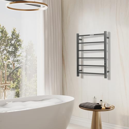 Electric Heated Towel Warmer - Wall Mounted Bathroom Towel Rack, Plug-in Design & Brushed Stainless Steel 6 Bar Gunmetal with Timer & Temperature Control - color: Square Gunmetal With Timer, size: 6 Bar