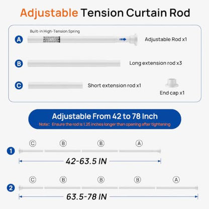ALLZONE Adjustable Tension Curtain Rod, 42 to 78 Inches, Spring Loaded Curtain Rods No Drilling, Renter Friendly Tension Rod for Windows, Shower, Closet, No Drill, Non-Slip, White - color: White, size: 42-78 Inches